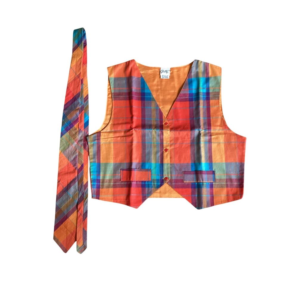 Vintage Glentex Plaid Vest & Matching Tie Set Colorful Cotton Rayon 80s Preppy
